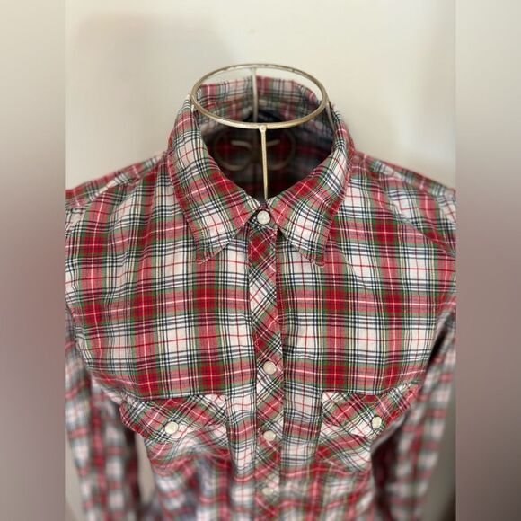 Abercrombie red plaid snap front long sleeve top size small 95 % cotton - Picture 10 of 11
